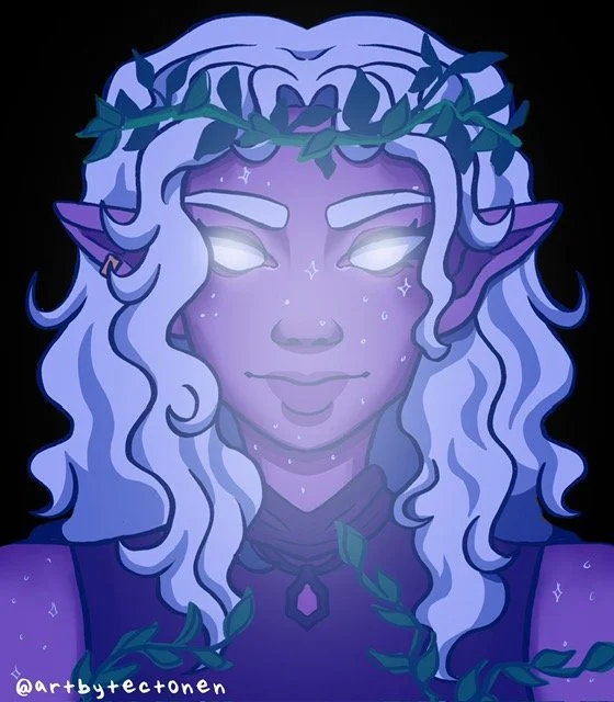 Digital illustration of an elf with glowing white eyes, long wavy white hair, and pointed ears. She wears a crown of vines and has a serene expression, set against a dark background.