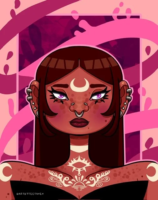 Digital illustration of a woman with dark brown hair, multiple earrings, moon and eye tattoos on her chest, and a serious expression, set against a pink and purple abstract background.