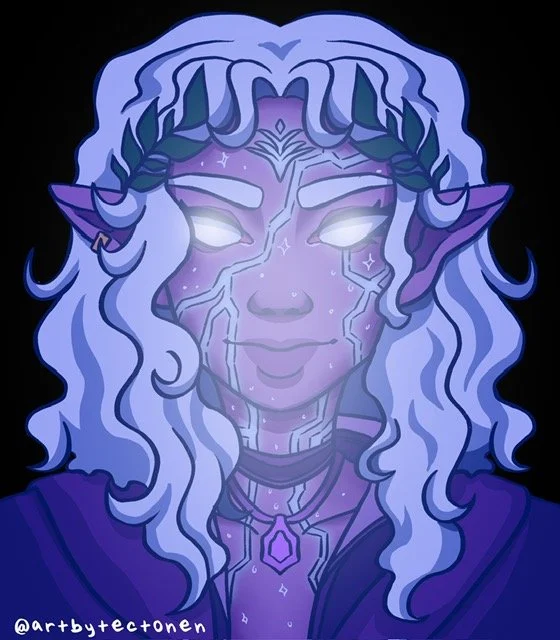 Digital illustration of a mystical elf with luminous white eyes, purple skin, and long wavy white hair, adorned with green leaves and jewelry.