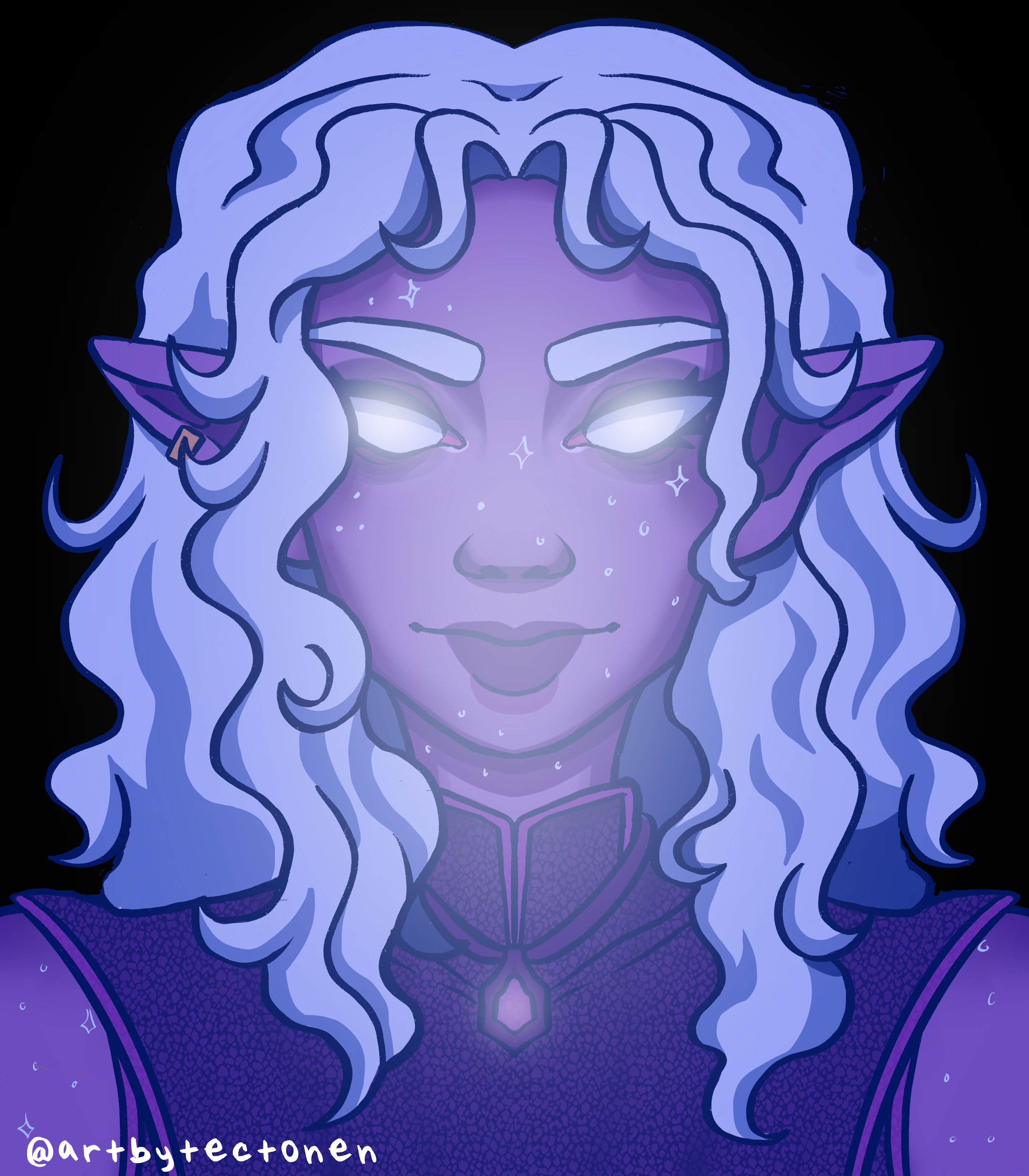 Digital illustration of a character with long, wavy white hair, pointed elf ears, glowing white eyes, wearing dark clothing with purple accents, against a dark background with small sparkles.