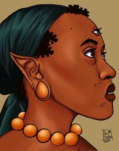 Digital illustration of a fantasy elf woman with pointed ears, wearing a headscarf, earrings, and a beaded necklace.