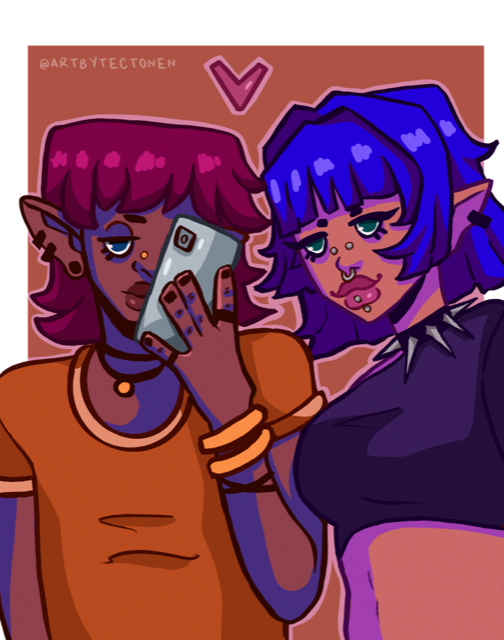 Digital illustration of two elf characters taking a selfie. One with blue hair on the right and on the left pink hair. The pink haired elf is holding the cell phone.