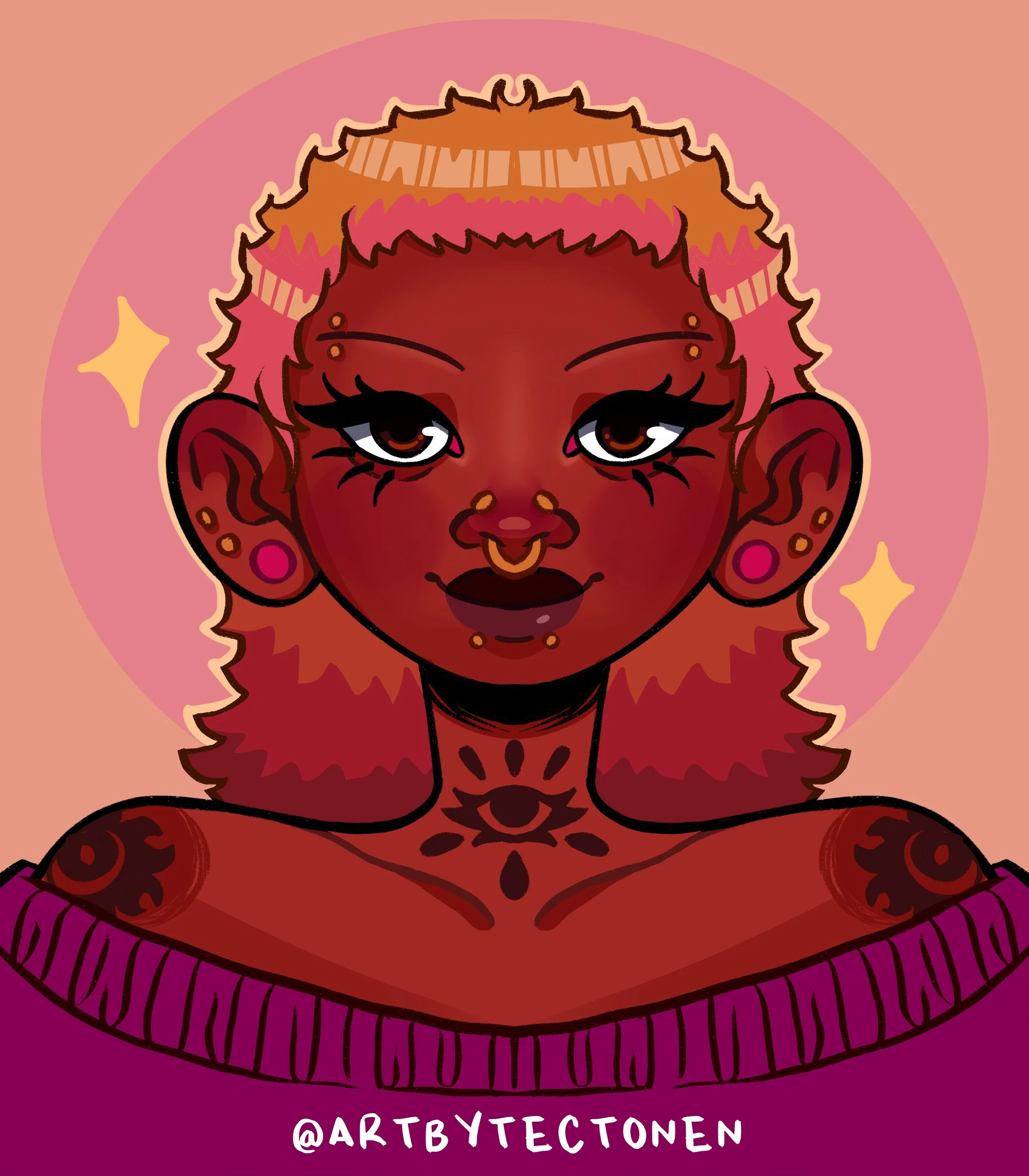 A colorful digital drawing of a person with red-brown skin and curly hair wearing a purple sweater, sitting in a cross-legged yoga pose, with a pinkish background and the artist's social handle '@ARTBYTECTON' at the bottom.