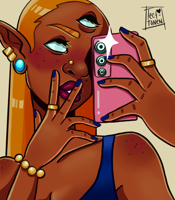 An illustration of a woman with dark skin and blonde hair taking a selfie with a pink smartphone. She has multiple earrings, rings, a bracelet, and is wearing a blue top. Her makeup includes dark lipstick and eye makeup, and she has a confident expression.