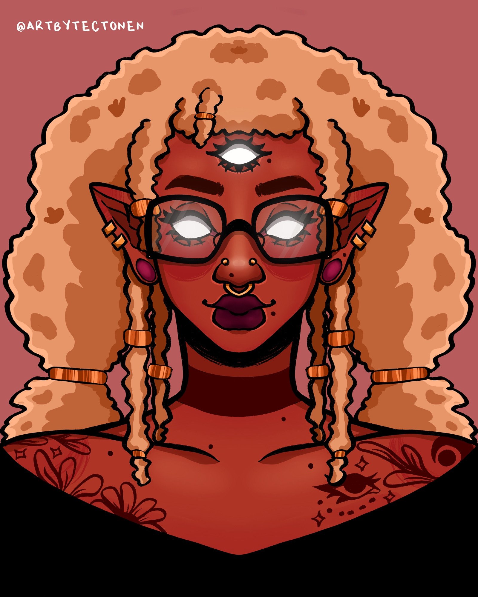 Illustration of a woman with dark skin, curly hair, glasses, multiple piercings, and tattoos, sitting in a red background with her eyes closed.
