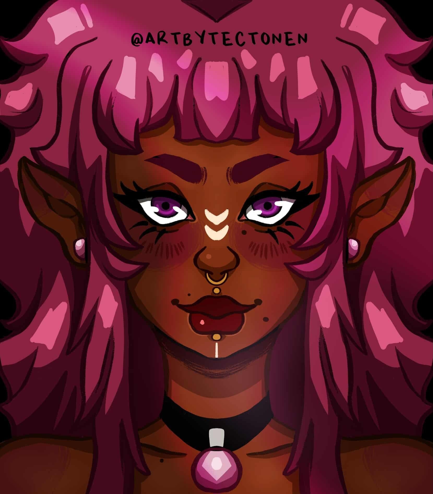 A digital illustration of a female elf with pink hair, large pink eyes, and dark skin. She has pointed ears, a septum piercing, and wears a necklace with a ppink gemstone. The artist's username '@ARTBYTECTONEN' is written at the top.