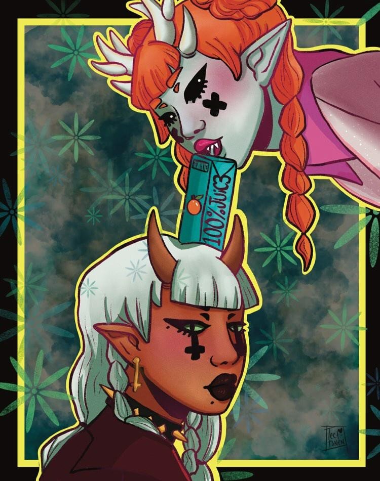 Two fantasy characters with horns and pointed ears. The top character has pale skin, orange hair and juice. The bottom character is a darker-skinned female with white hair, horns, and black tribal face tattoos, wearing dark lipstick and earrings.