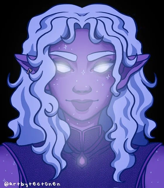 Digital illustration of a fantasy elf character with violet skin, glowing white eyes, long wavy white hair, and pointed ears, wearing a dark purple rogue  outfit with a gemstone necklace.