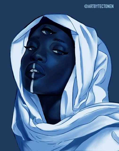 Digital artwork of a woman with dark skin and blue-toned makeup, wearing a white hooded garment, with a confident expression and slightly parted lips, against a dark background.