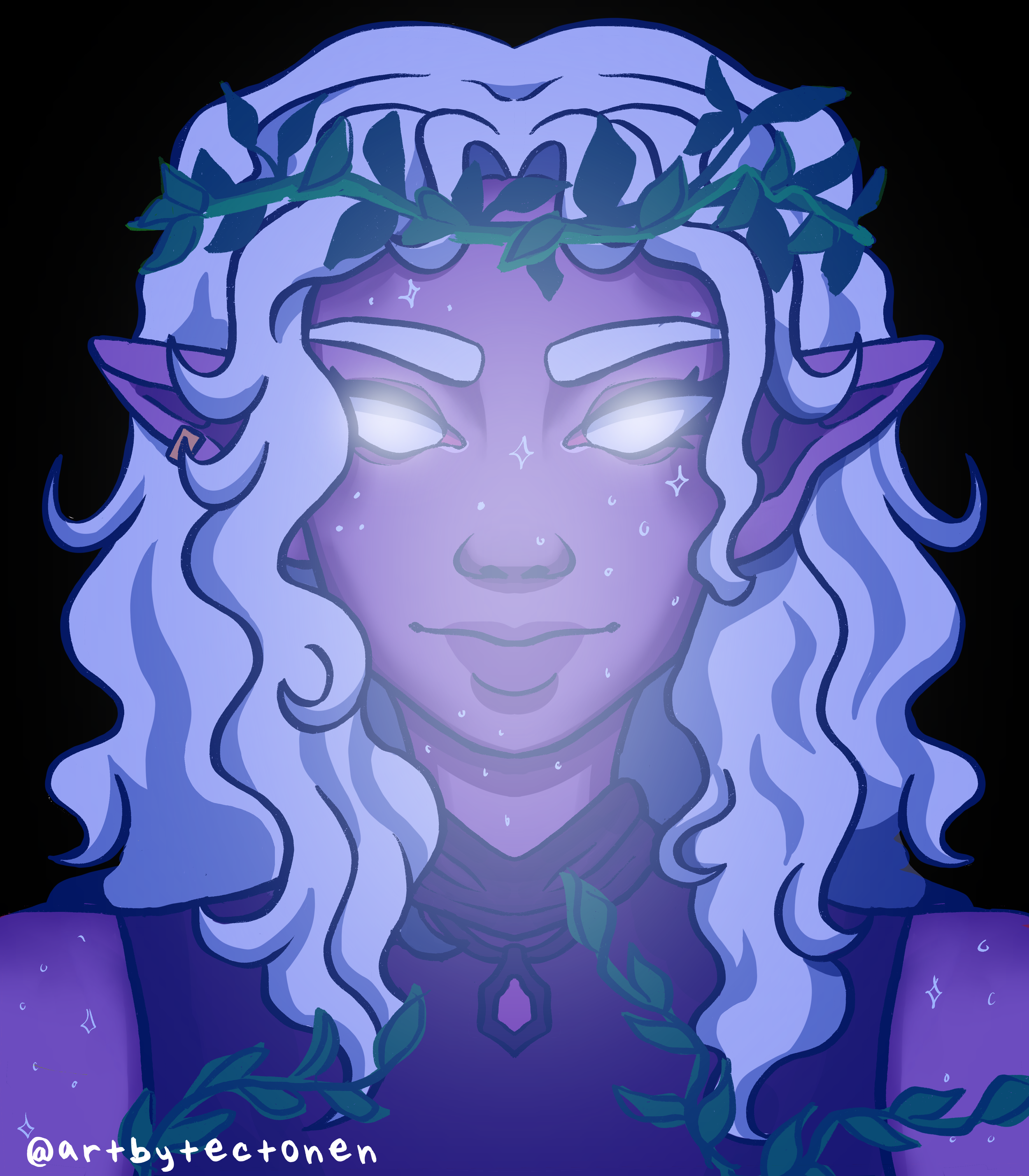 Digital illustration of a mystical creature with glowing eyes, long flowing hair, and a crown of leaves. The image has a dark background with subtle stars and sparkles.