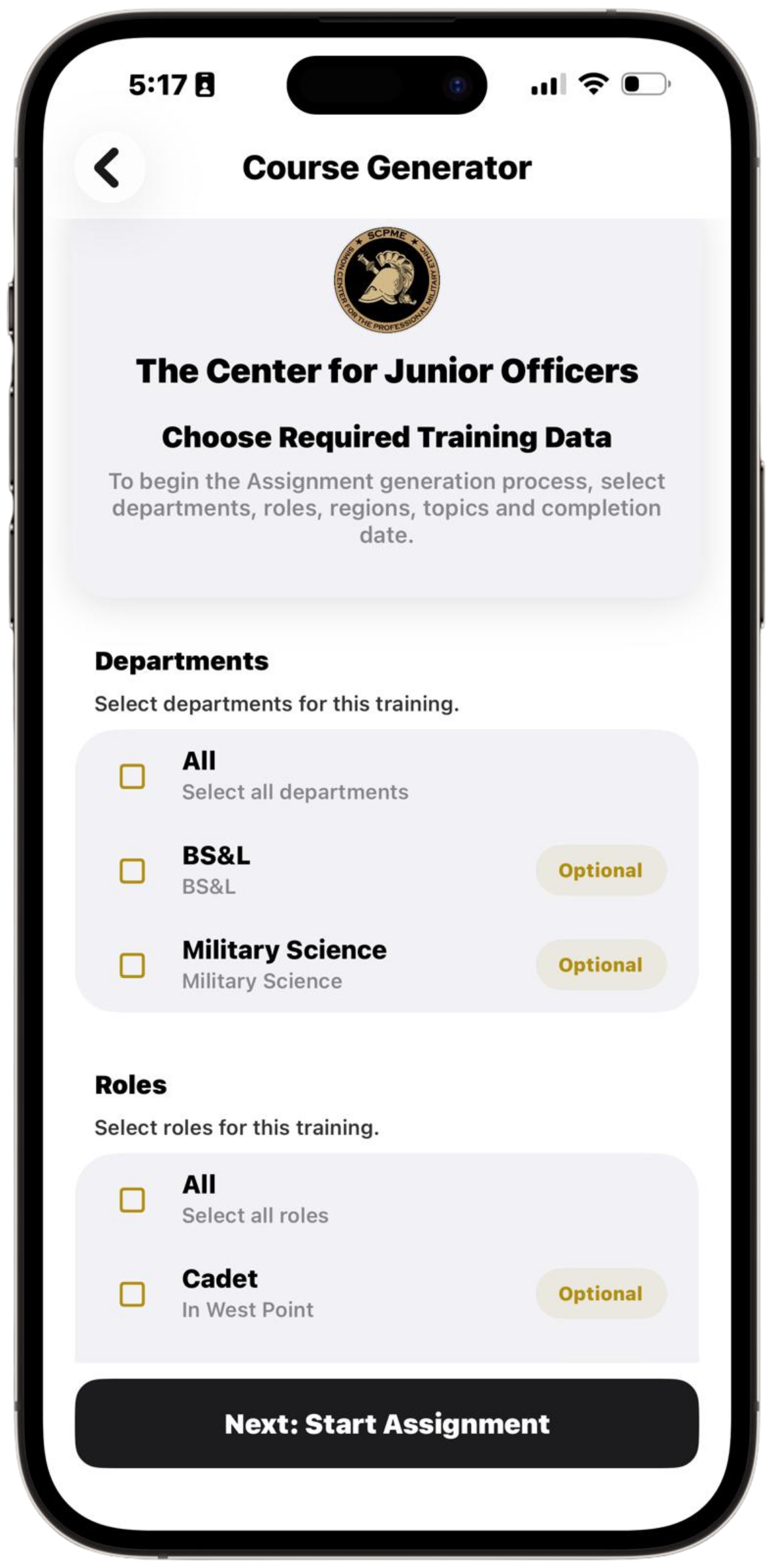 Mobile app screen displaying the Course Generator page for The Center for Junior Officers, with options to select departments, roles, and start an assignment.