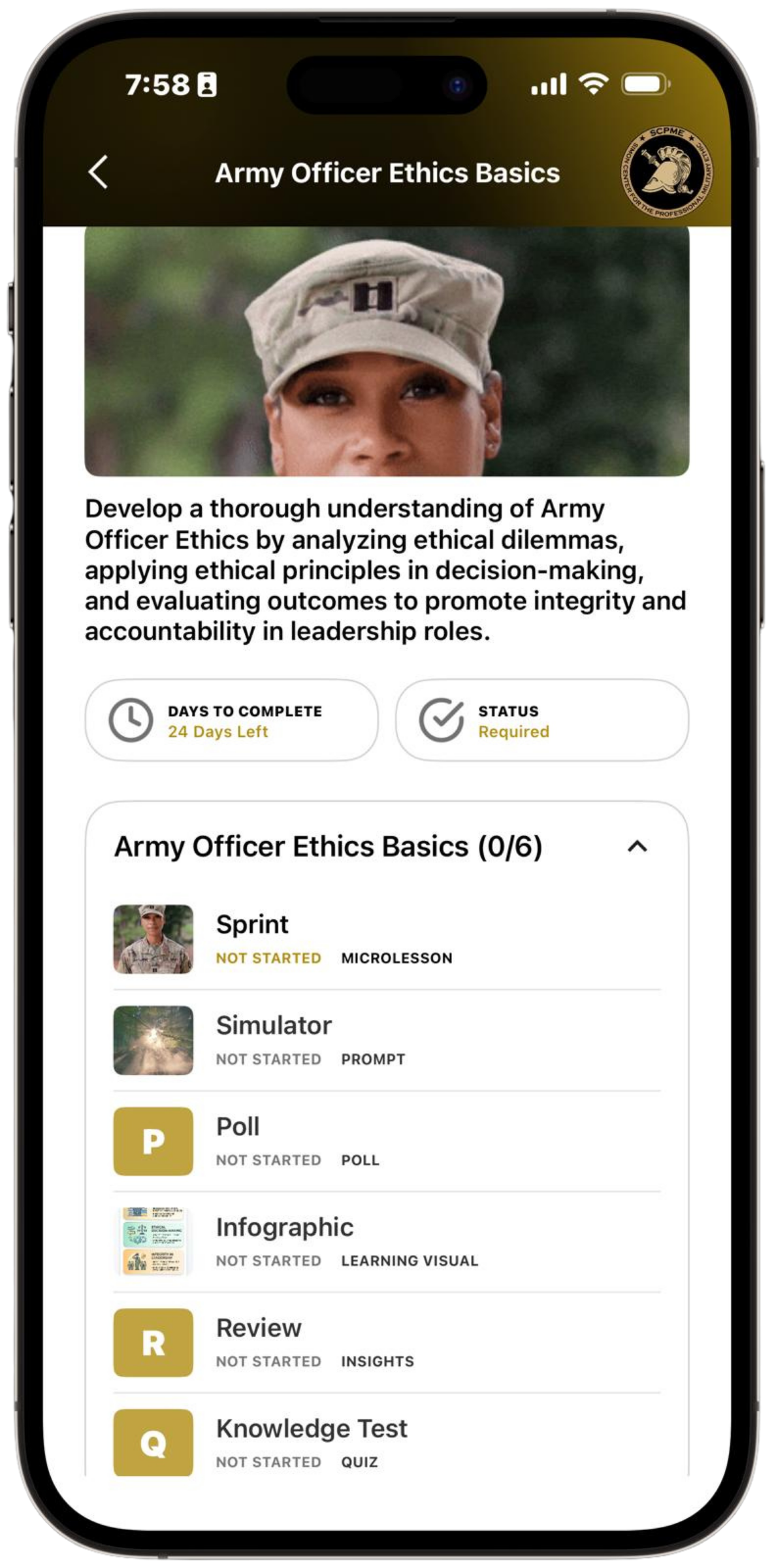 Screen displaying a mobile app for Army Officer Ethics Basics course, with a photo of a female soldier in uniform, progress tracker, and course modules like Sprint, Simulator, Poll, Infographic, Review, and Knowledge Test.