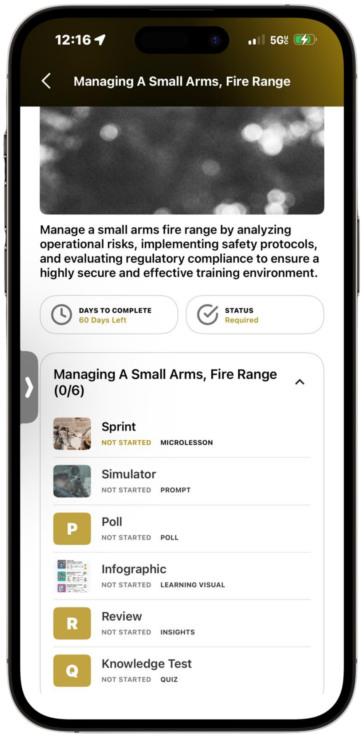 Mobile screen displaying an online training platform titled 'Managing A Small Arms, Fire Range', showing course content, progress, and modules.