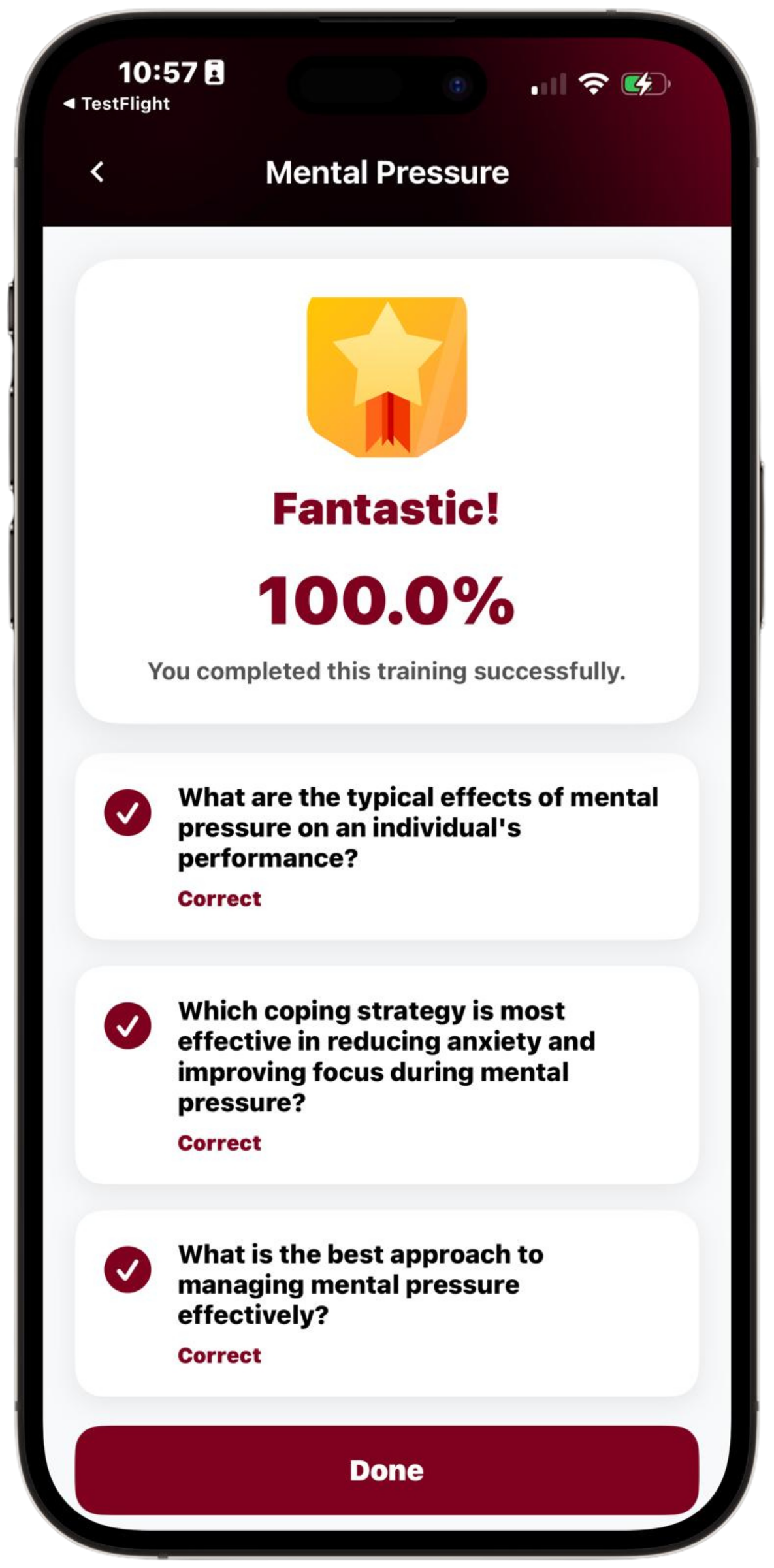 Mobile screen displaying a mental health training app with a score of 100%, showing completion of a mental pressure training session with checkboxes for quiz questions.