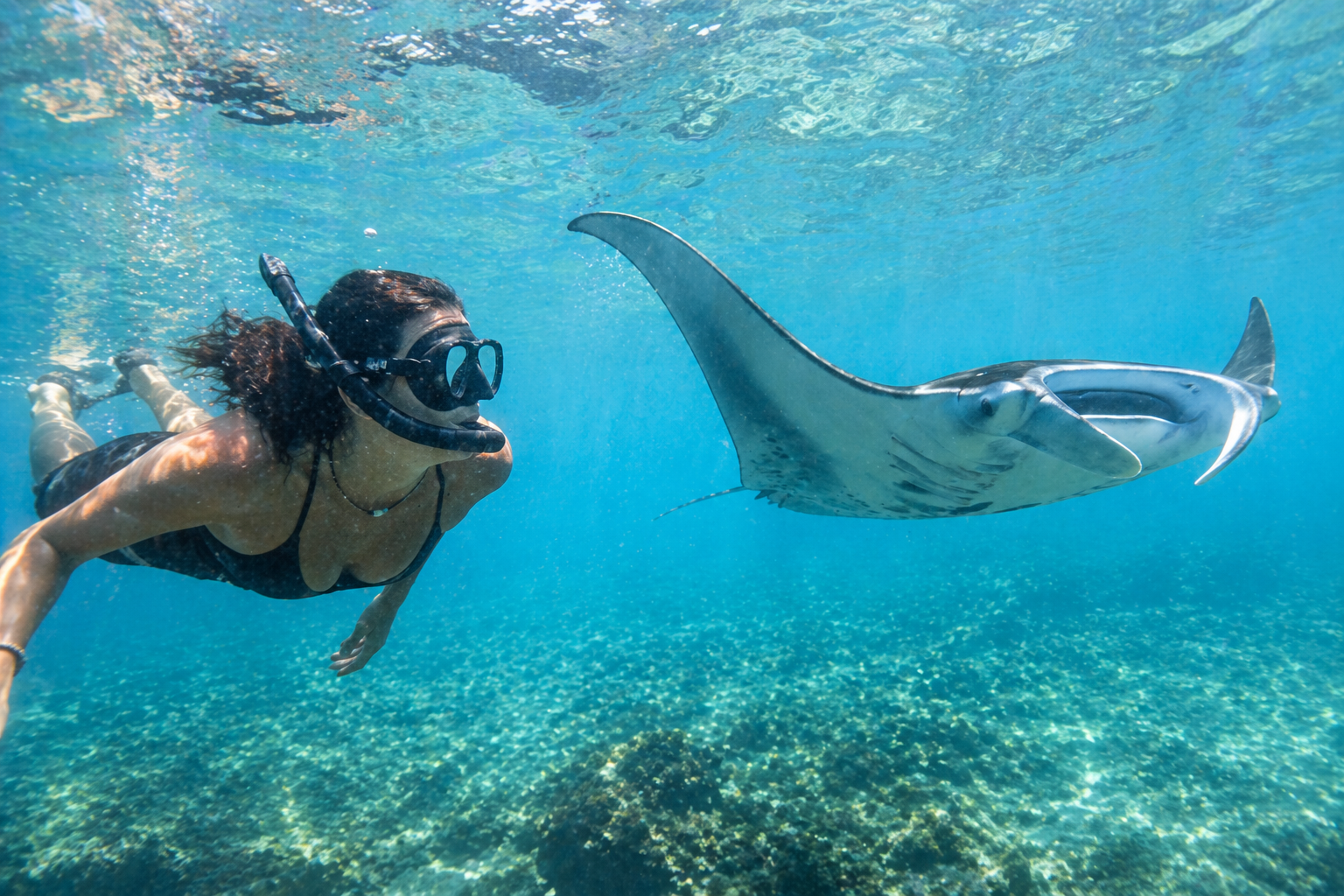 Snorkelling along side a manta ray at Nusa Lembongan as part of the Women's Water Wellness Retreat.