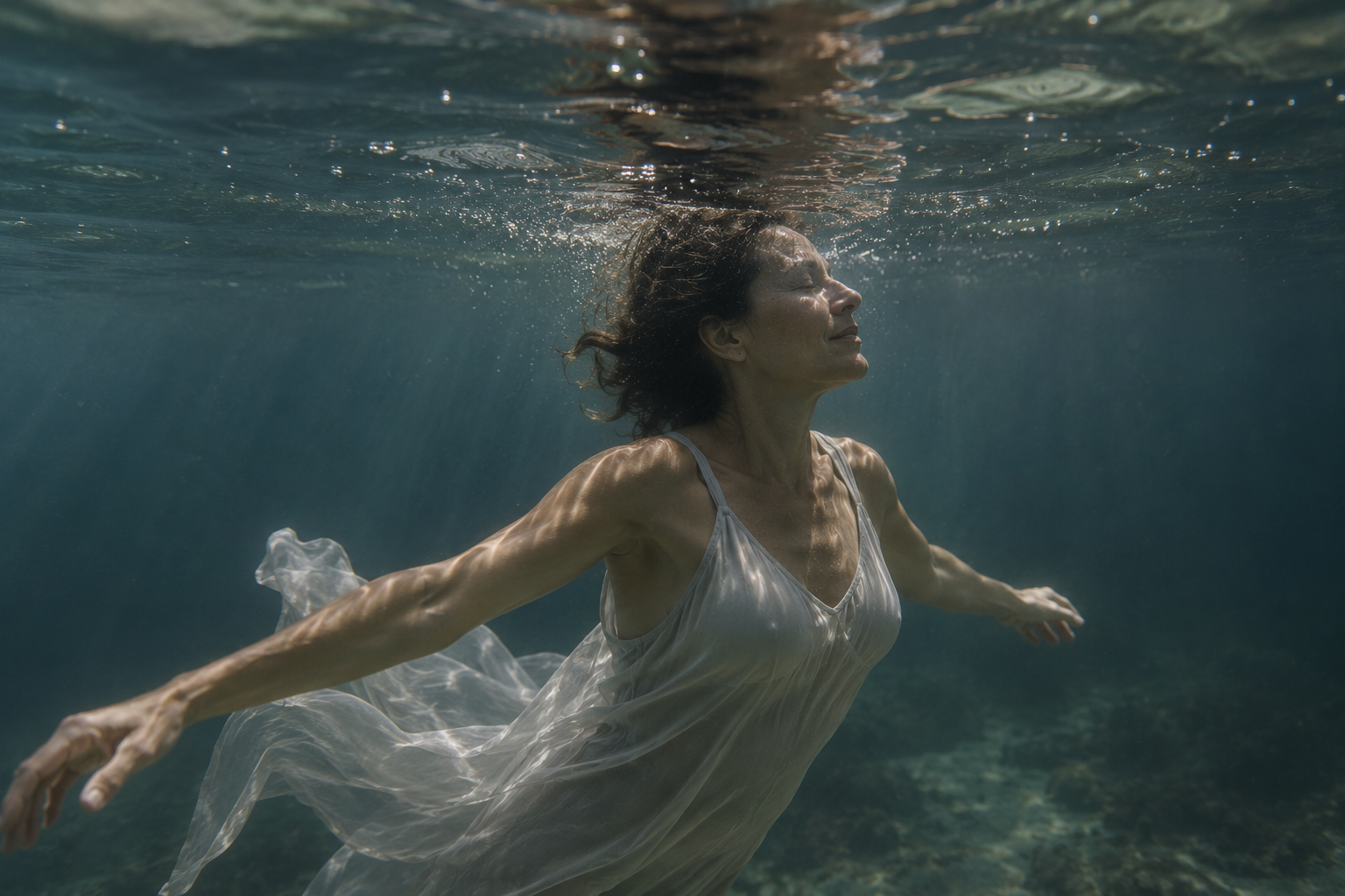 A woman swimming underwater in a relaxed pose with arms outstretched and eyes closed.