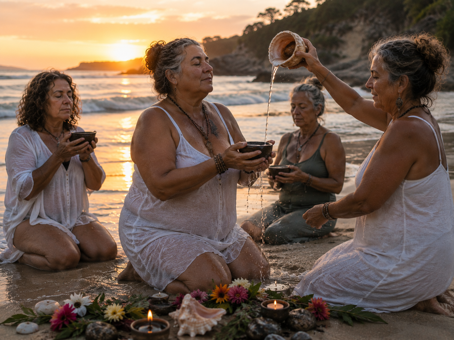 Group of five women performing a spiritual ritual on the beach during sunset, with shells, flowers, candles, and water as part of the ceremony.