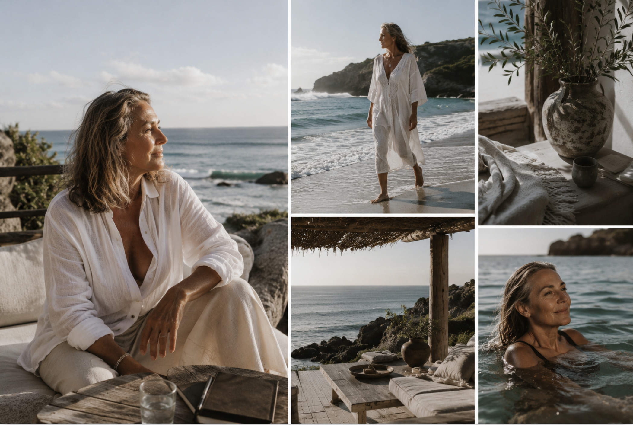 Grid of a mature woman relaxing in a seaside location.