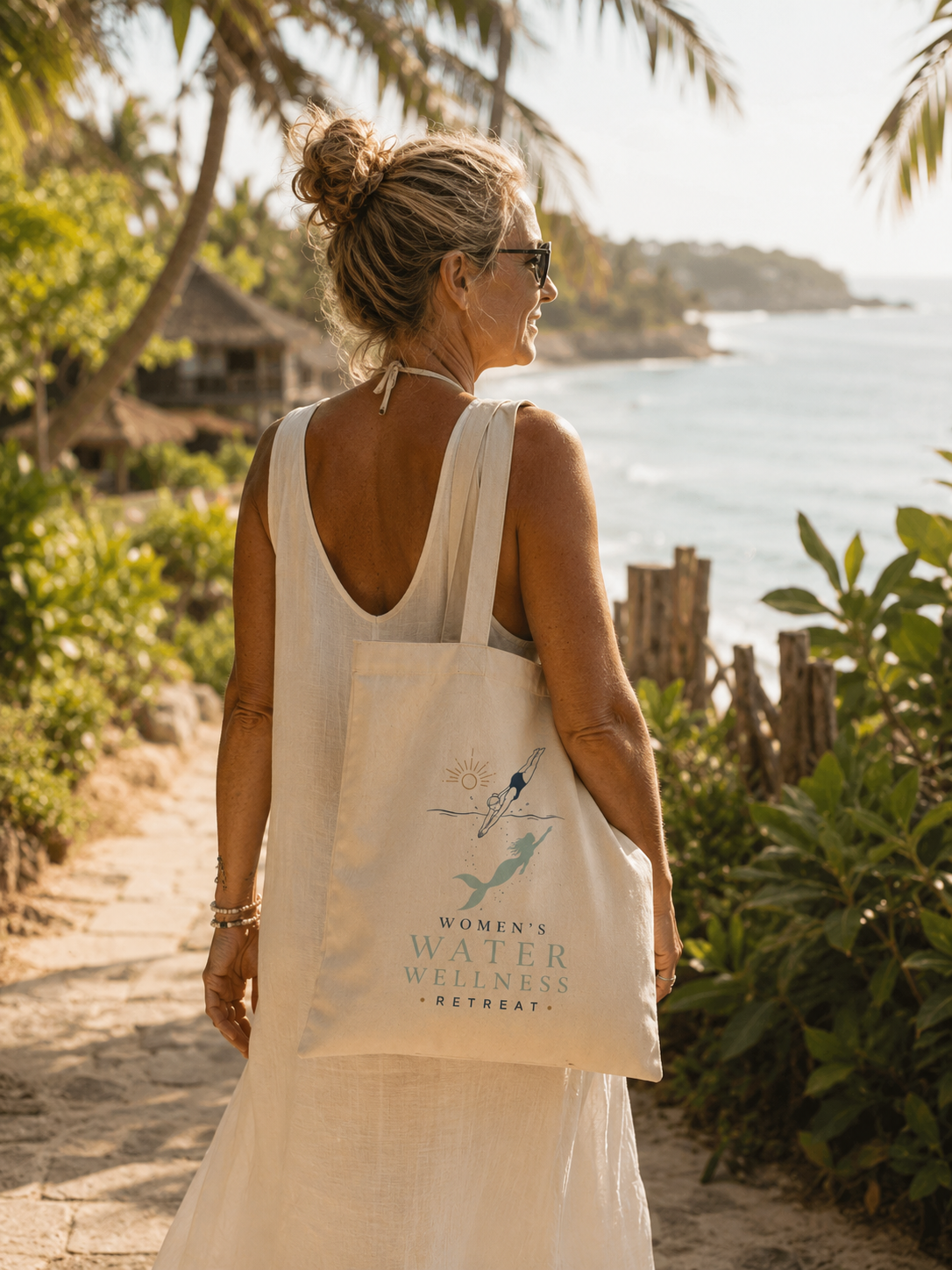 A woman with blonde hair in a bun walking along a beach trail carrying a tote bag that reads 'Women's Water Wellness Retreat'. She is wearing sunglasses and a white sleeveless dress, with tropical vegetation and the ocean in the background during sun