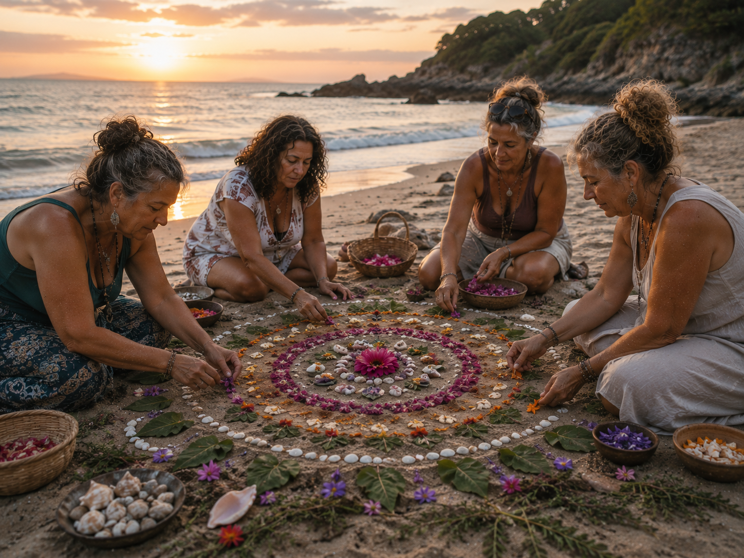 Four women sitting on the beach at sunset, creating a colorful mandala made of flowers, shells, and leaves on the sand.