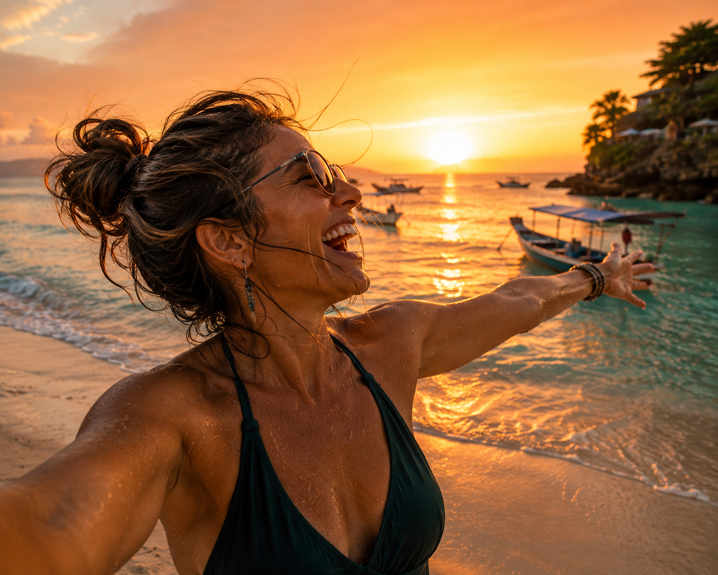 Happy woman feeling the healing therapies of the ocean.