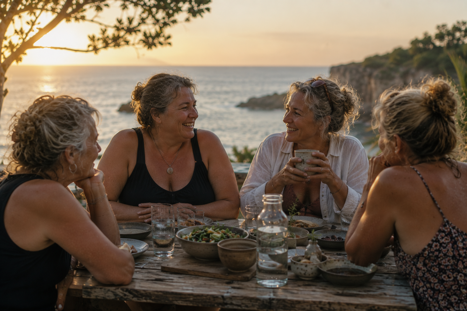 Four women enjoying a meal together outdoors at sunset by the ocean, sitting at a rustic wooden table with food and drinks, with a scenic water and cliff background.