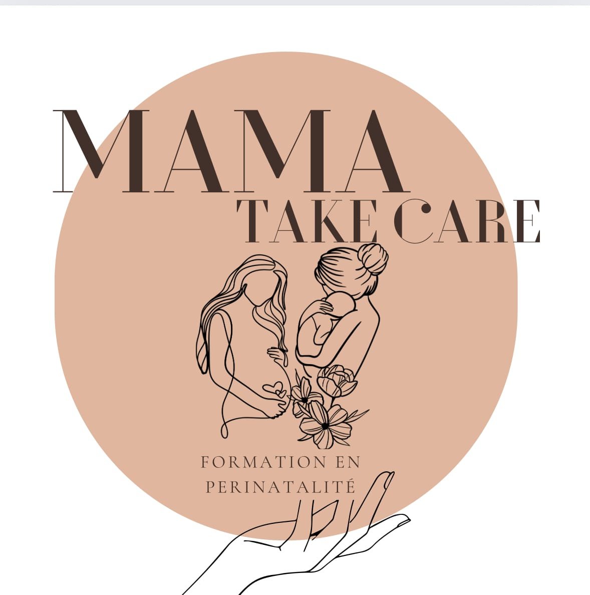 Logo avec texte 'MAMAN TAKE CARE' et illustration d'une femme enceinte et d'une autre femme portant un bébé, entourées de fleurs, pour une formation en périnatalité.