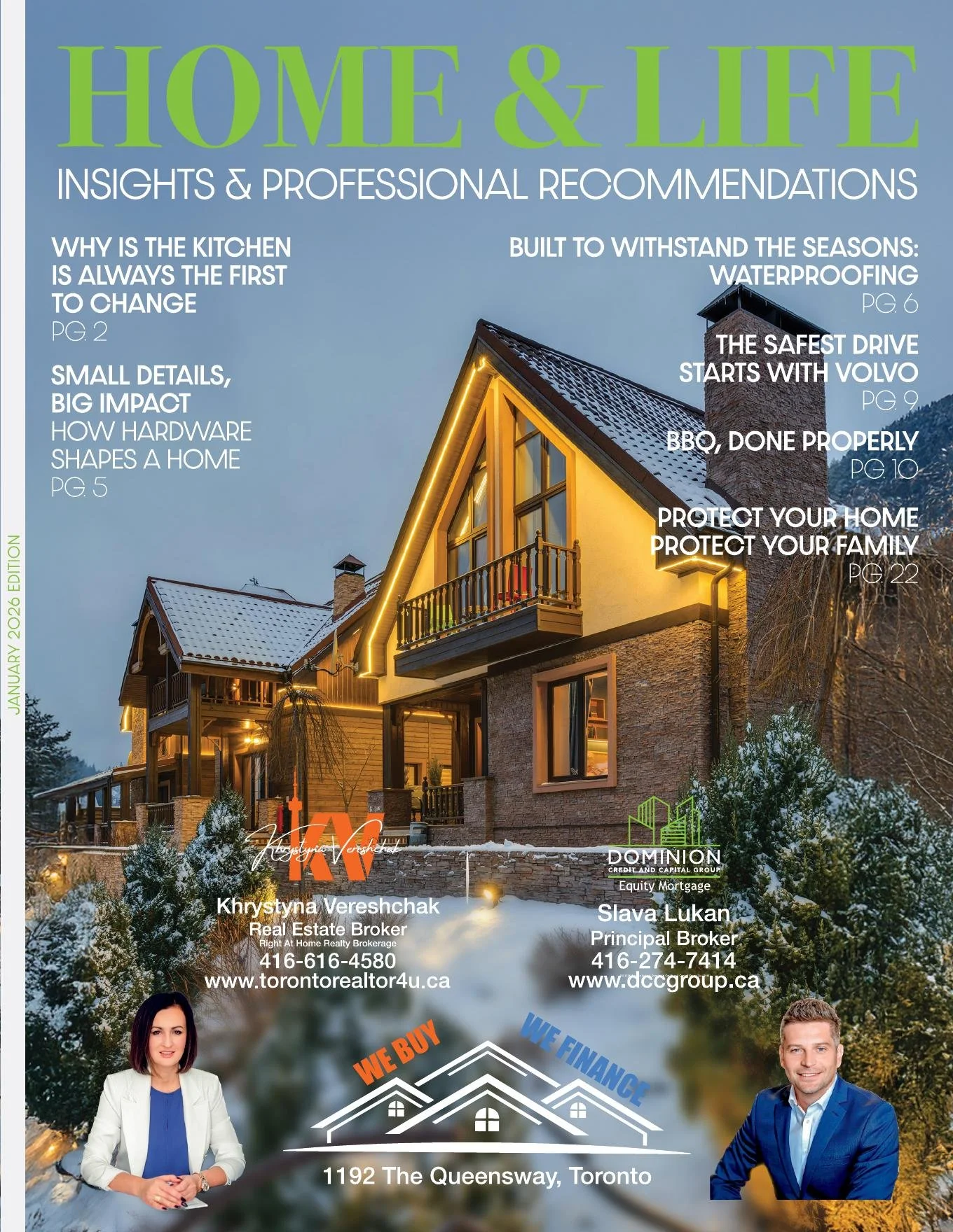 A real estate promotional flyer featuring a house with snow on the roof and trees, with info about properties and agents in Toronto. It includes images of a woman and a man, contact details, and a logo for Toronto Realtor.