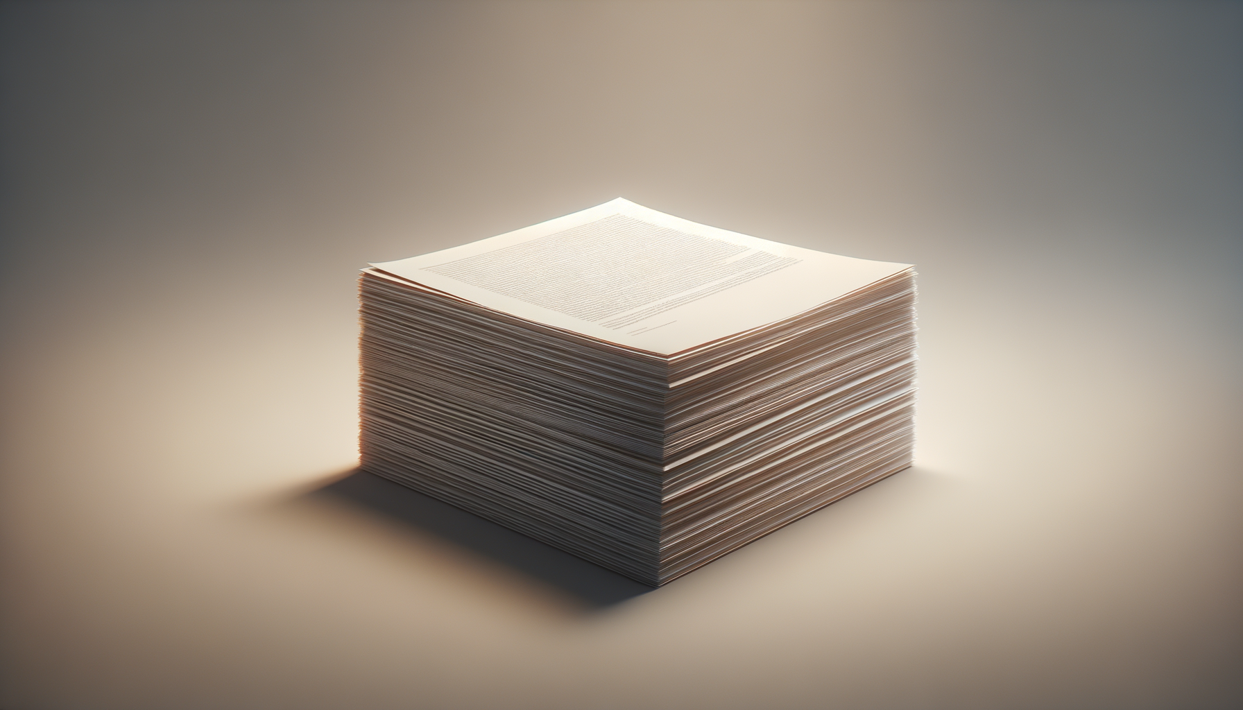 Stack of paper documents with a printed page on top, illuminated by soft light, on a plain background.
