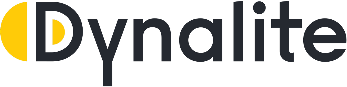 The Dynalite logo featuring a yellow circle to the left with a black semi-circle cutout, followed by the word 'Dynalite' in black letters.