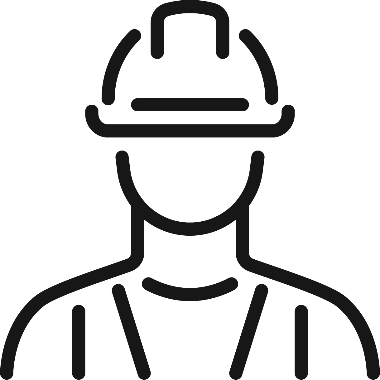 Outline of a person wearing a hard hat and safety vest, symbolizing construction or safety work.