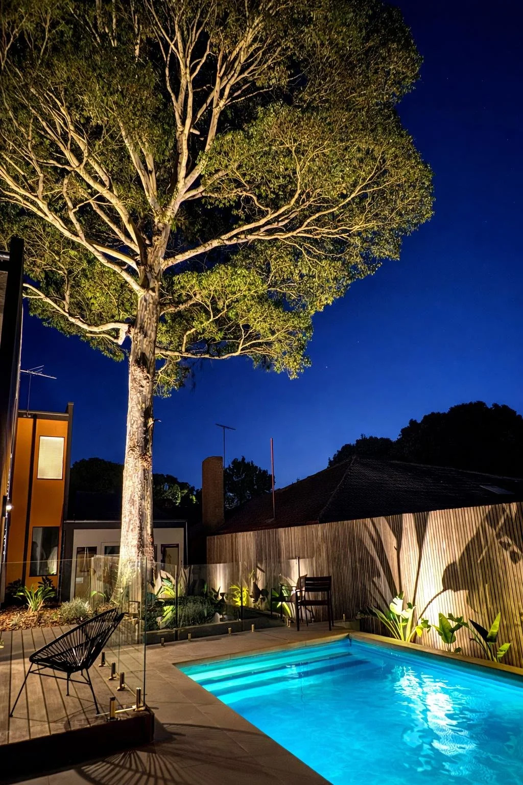Nighttime backyard scene with a lit swimming pool, tall tree with illuminated branches, wooden fence, and neighboring houses in the background.