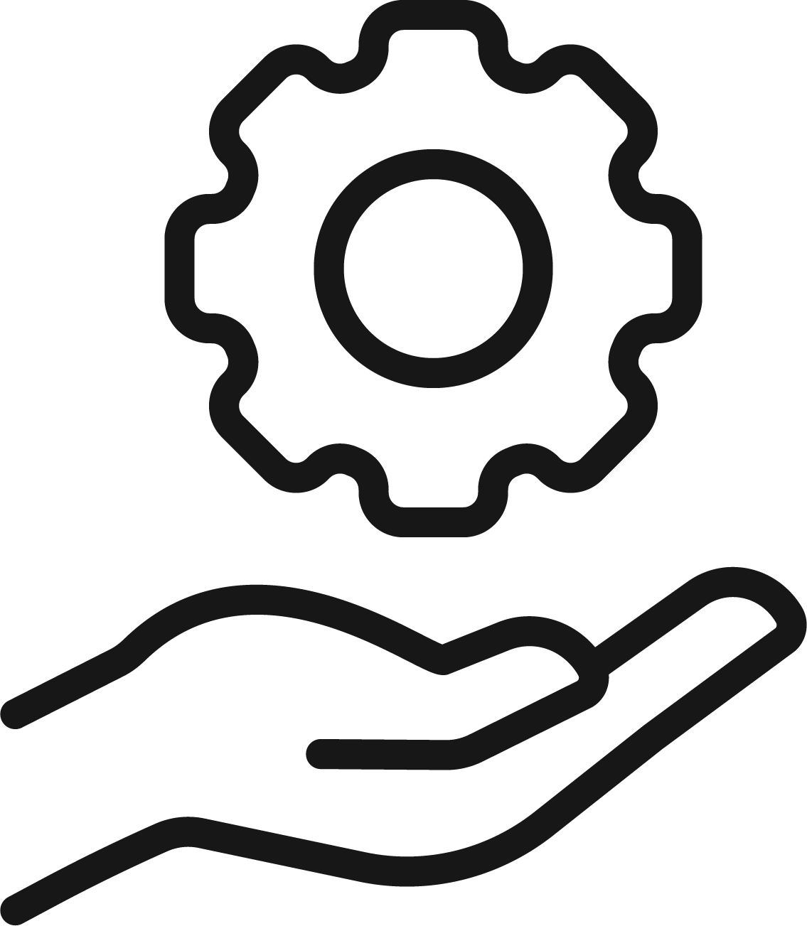 Line drawing of an open hand holding a gear.