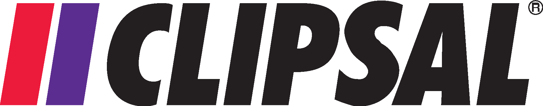 The logo of Clipsal, a brand known for electrical accessories and wiring devices, featuring bold black text with red and purple angled bars to the left.