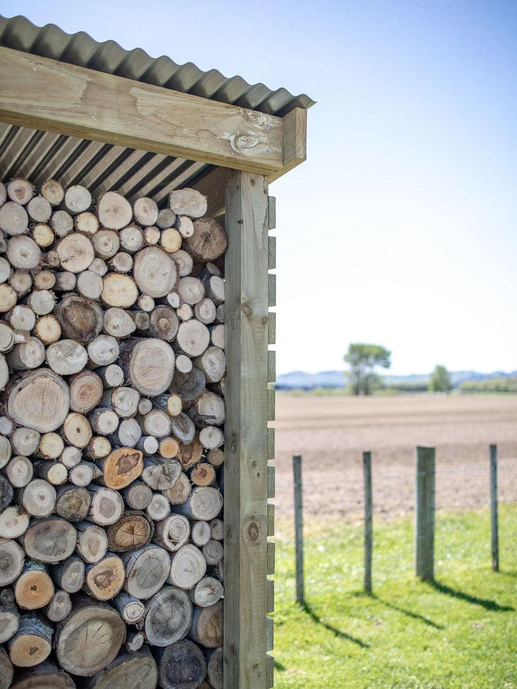 Stacked cut logs stored under a wooden and corrugated metal shelter in a rural outdoor setting.