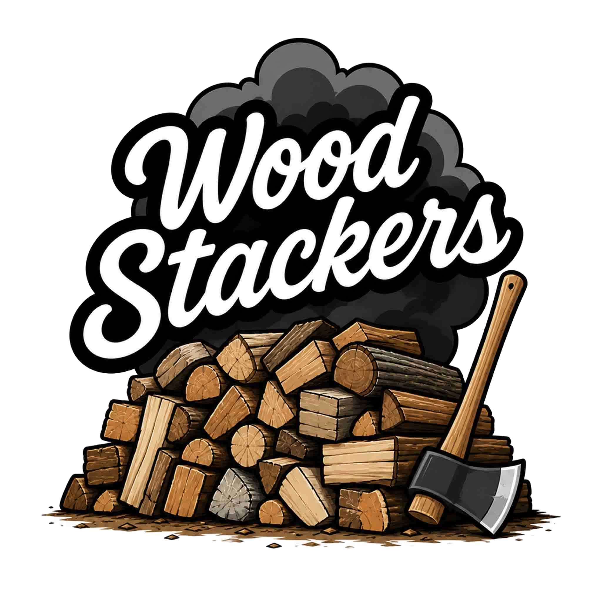 Stack of chopped firewood logs with an axe and a hammer next to them.