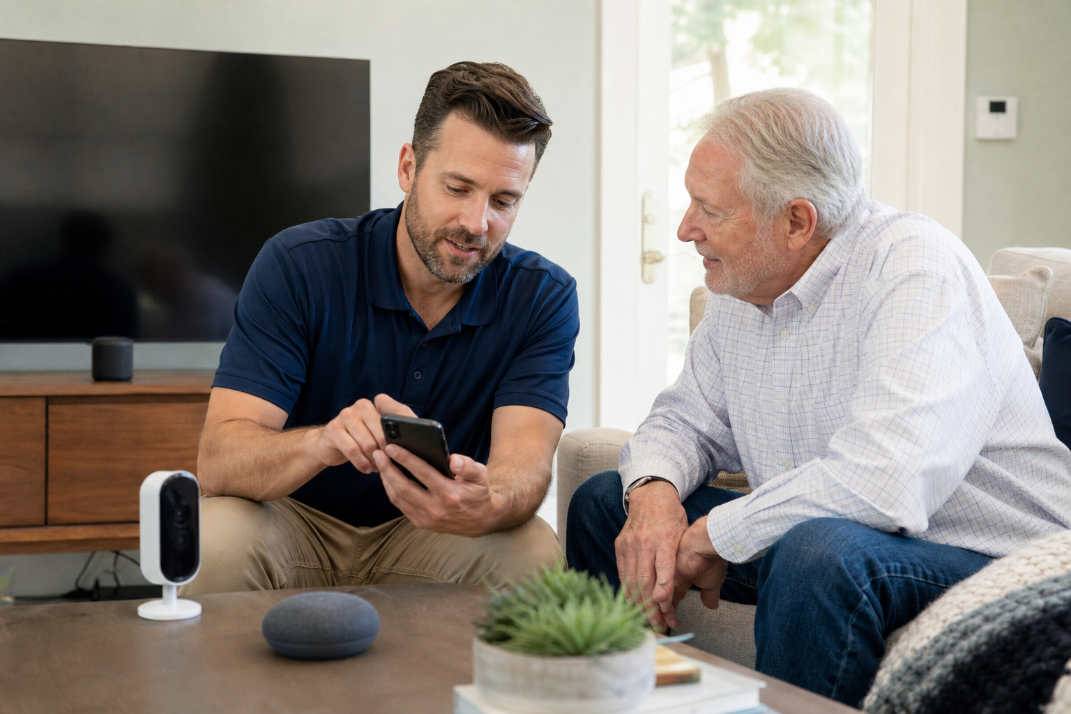 Residential technician helping a homeowner configure existing smart-home devices using a smartphone.