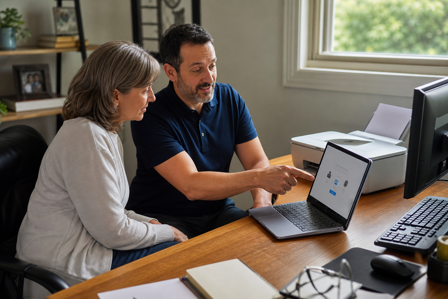 Residential technician helping a homeowner set up a laptop, wireless printer, and home-office equipment.