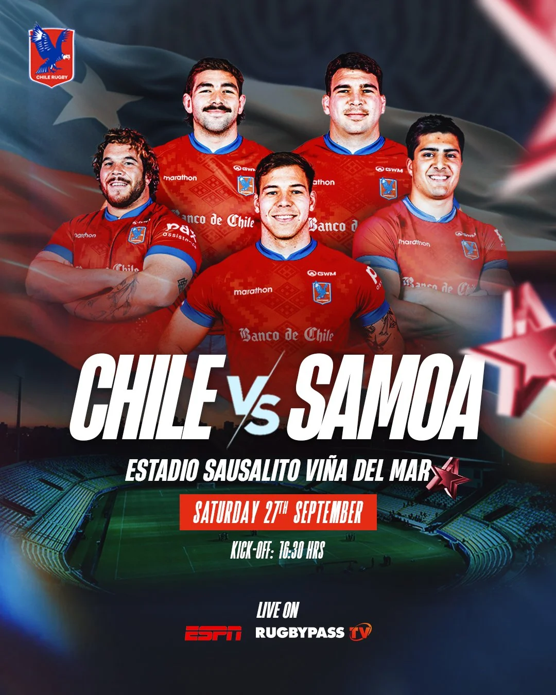 ¡Señoras y señores!

Mañana jugaremos a estadio lleno en el Sausalito de Viña del Mar. Como #SomosChile🇨🇱 queremos estar en todos los rincones de nuestro país y extranjero, por lo que les contamos de la transmisión:

ESPN y Disney+ para Chile, Arge