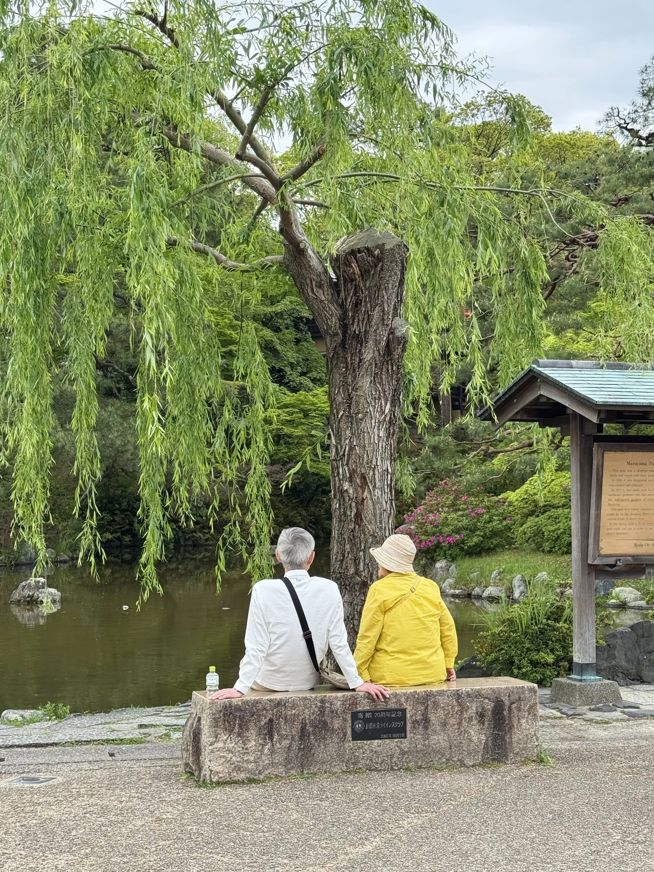 Two people sit on a stone bench near a pond in a lush green garden, with a large weeping willow tree overhead and a wooden structure to the right.