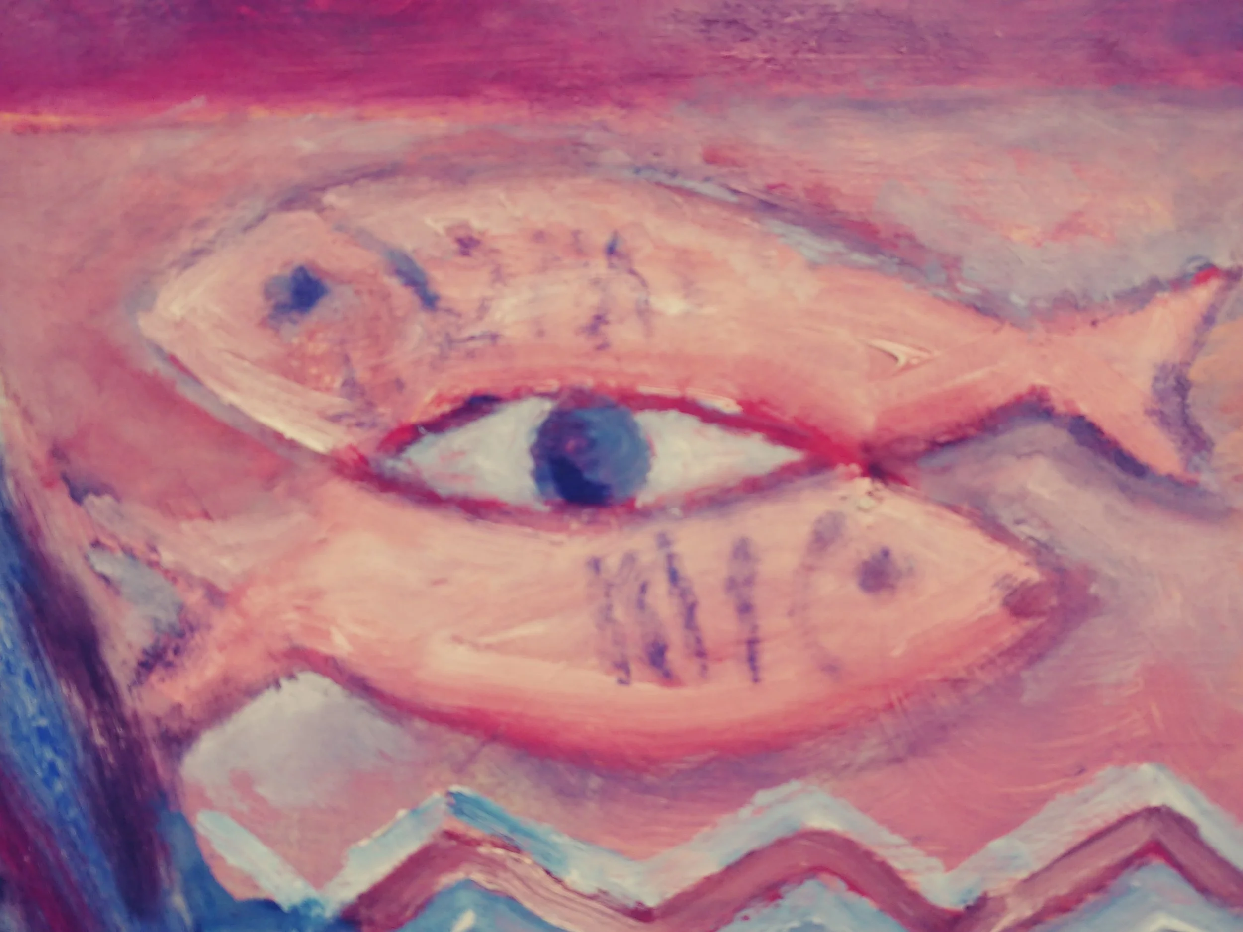 Close-up of a painting of a human eye with pink, purple, and white colors.