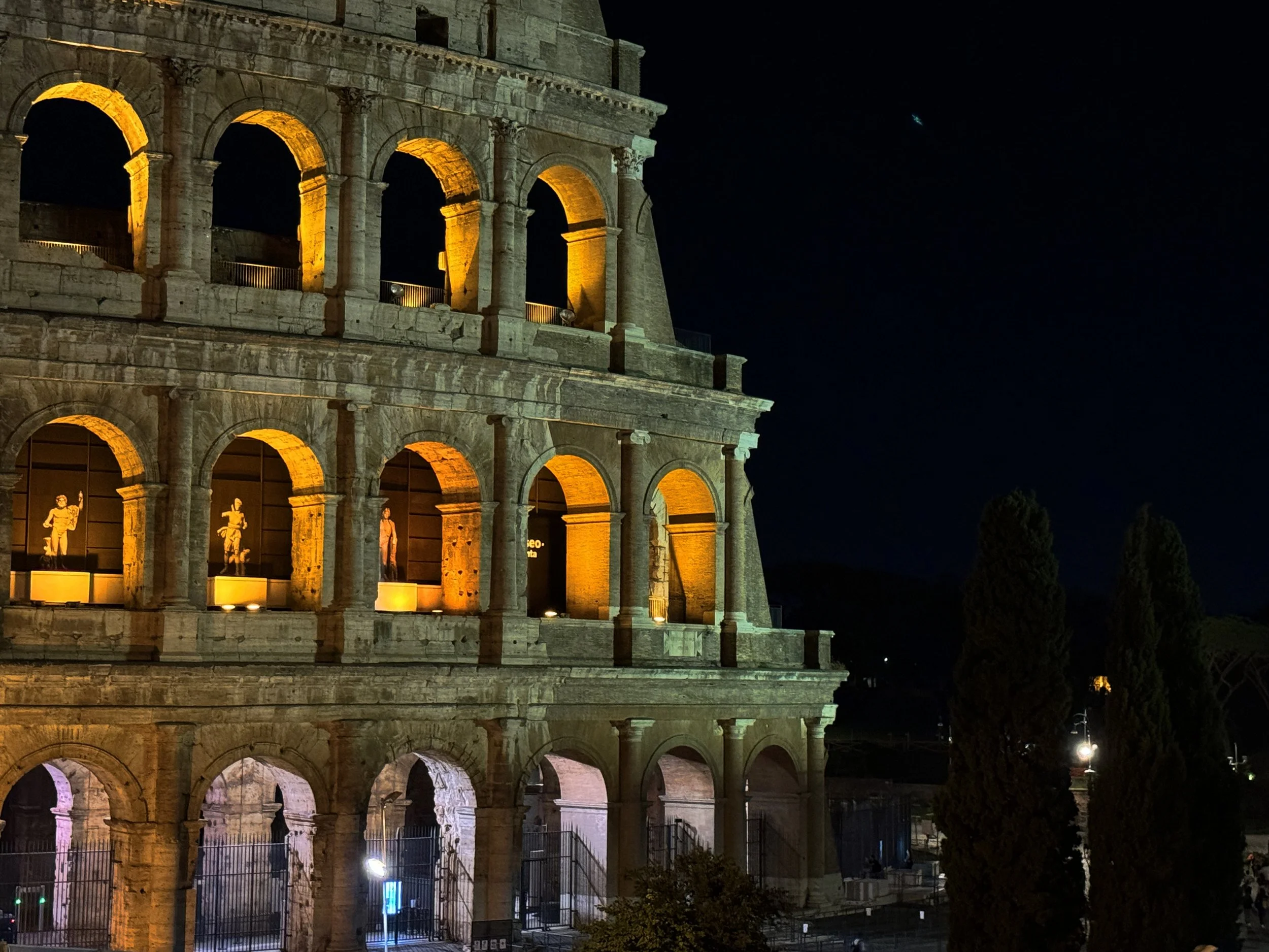 Night view of the Roman Colosseum illuminated with warm yellow and purple lights, with a clear dark sky above and some trees in the foreground.