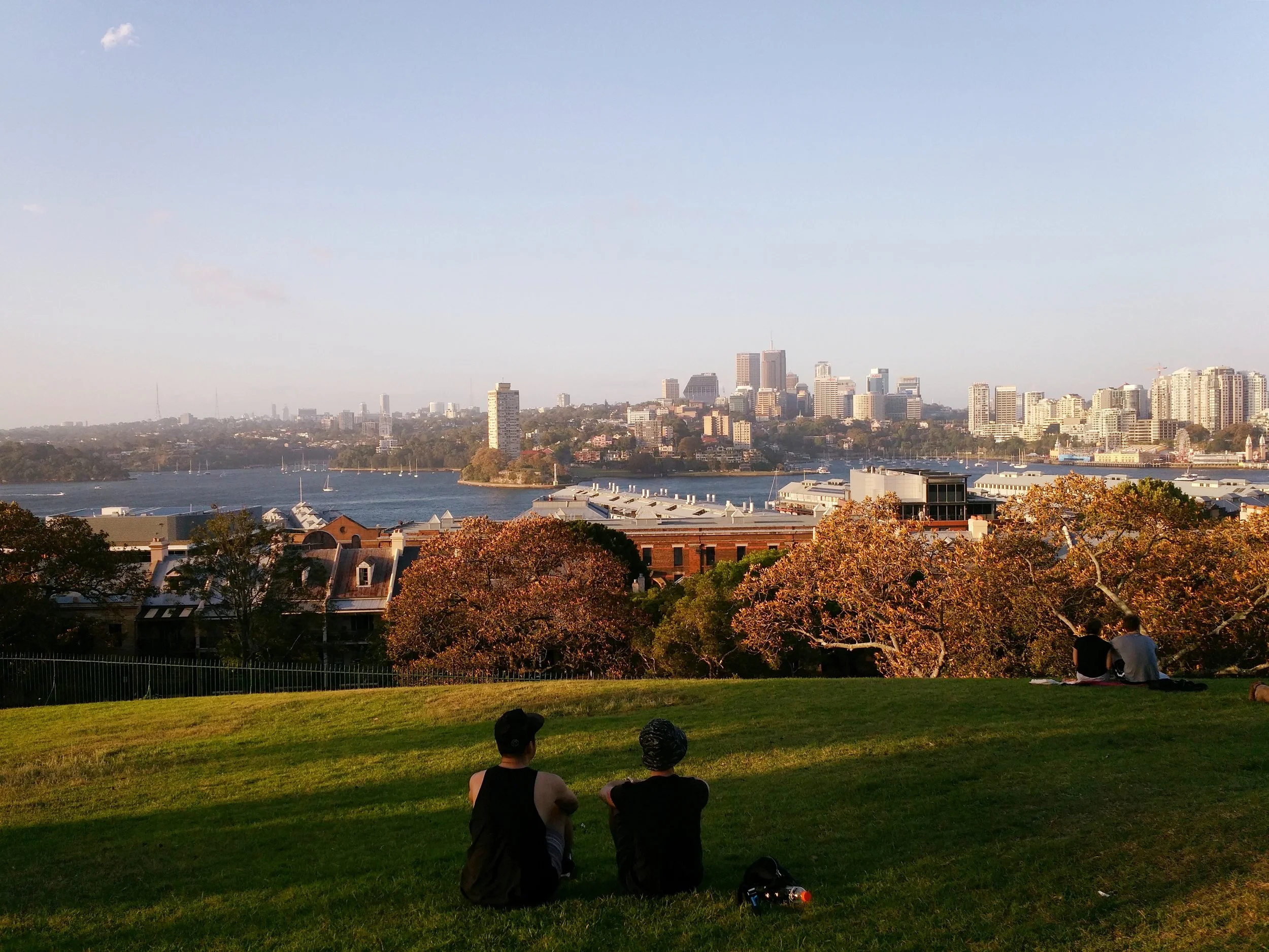 View of a city skyline with skyscrapers and buildings, a body of water with sailboats, and trees with people sitting on the grass in the foreground.