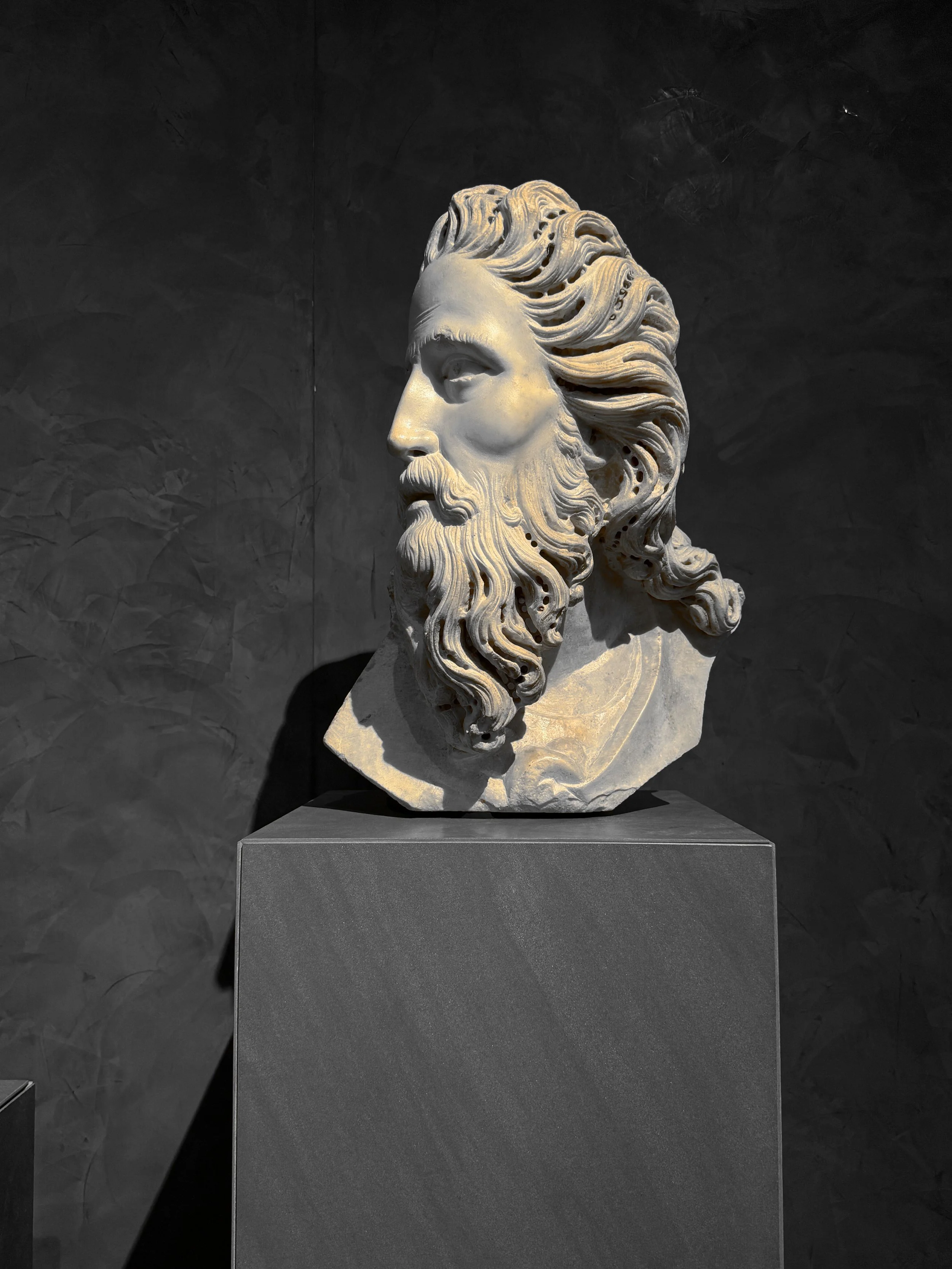 Marble bust of a bearded man with long hair, displayed on a gray pedestal against a dark textured background.