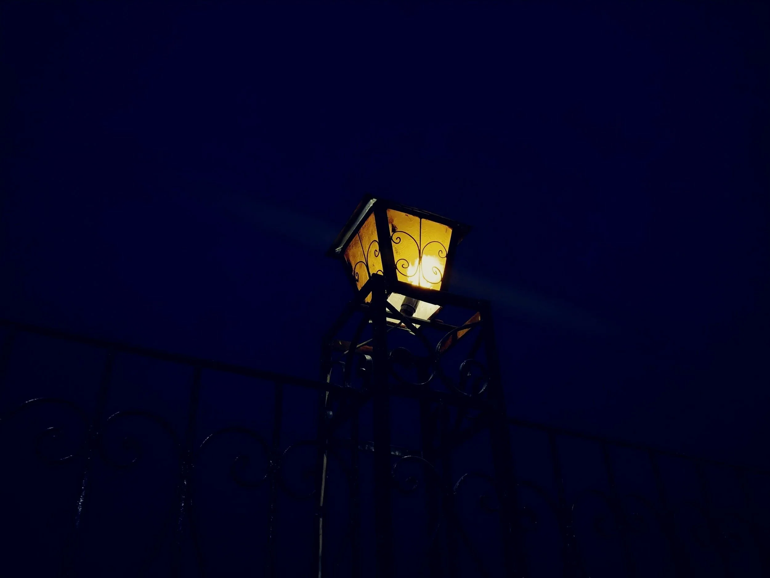 A streetlamp with ornate metalwork emits a warm light against a dark night sky.