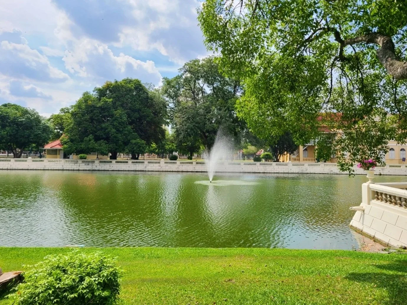 A peaceful park scene with a pond, a fountain in the middle, green trees, a grassy area, and a building in the background under a partly cloudy sky.
