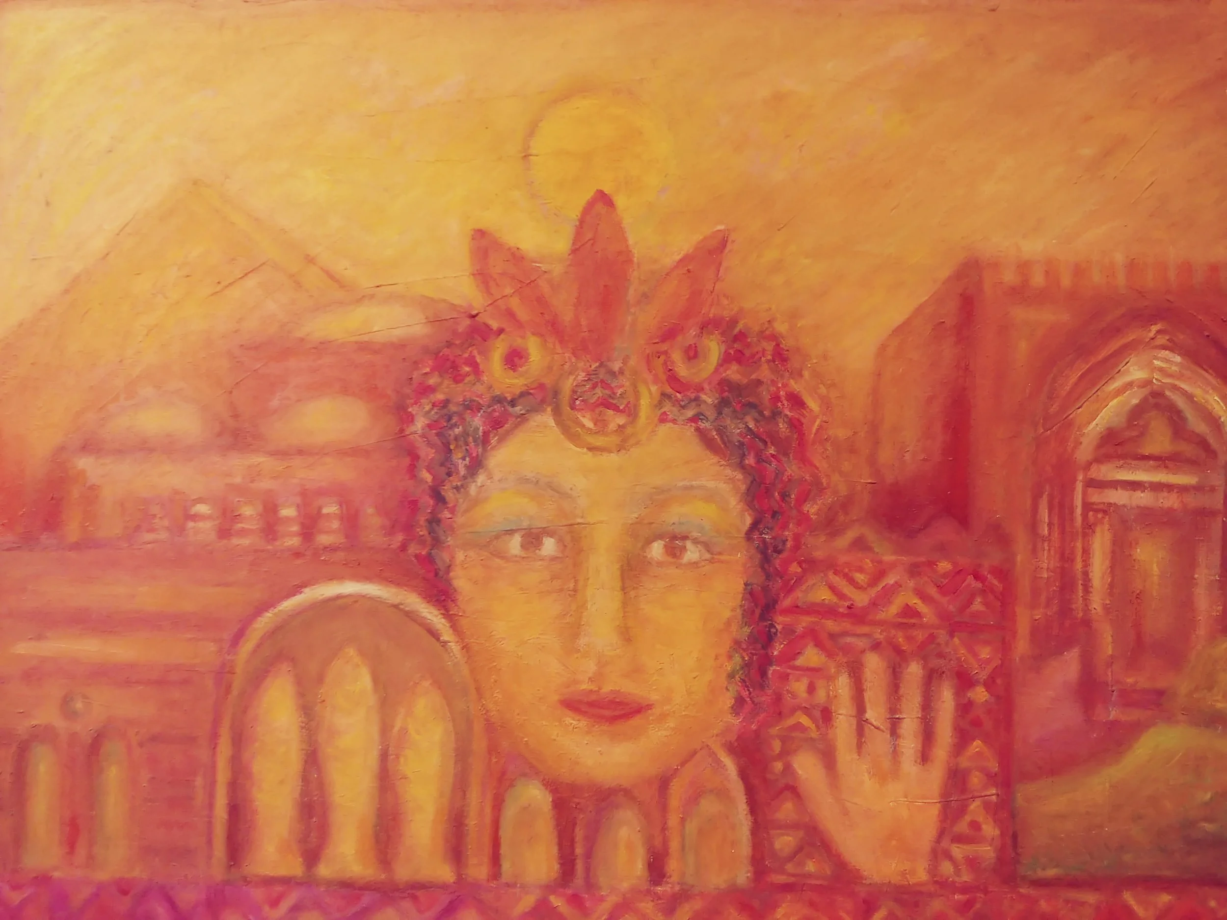 A colorful painting with abstract and surreal elements, featuring a red cat with large, glowing yellow eyes at the center, surrounded by various shapes, swirls, and patterns in warm tones of orange, yellow, and red.