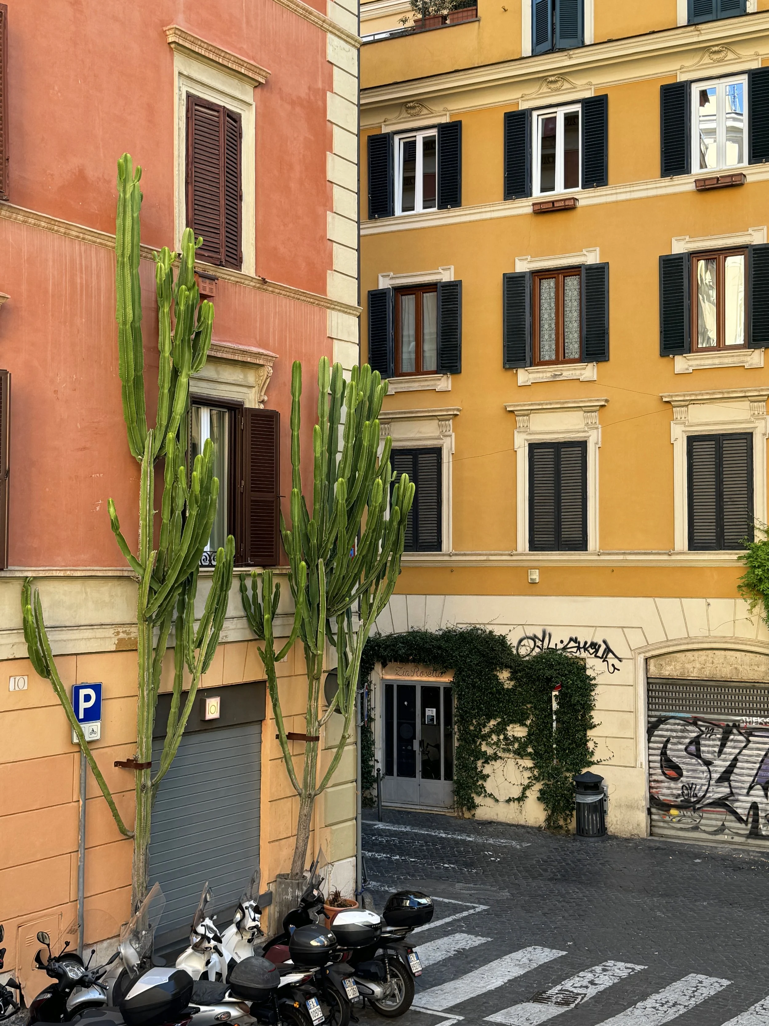 Colorful buildings on a street corner with parked scooters in front. The building on the left is painted pink with brown shutters, and the building on the right is yellow with black shutters. There is graffiti on a closed shop shutter and some greene