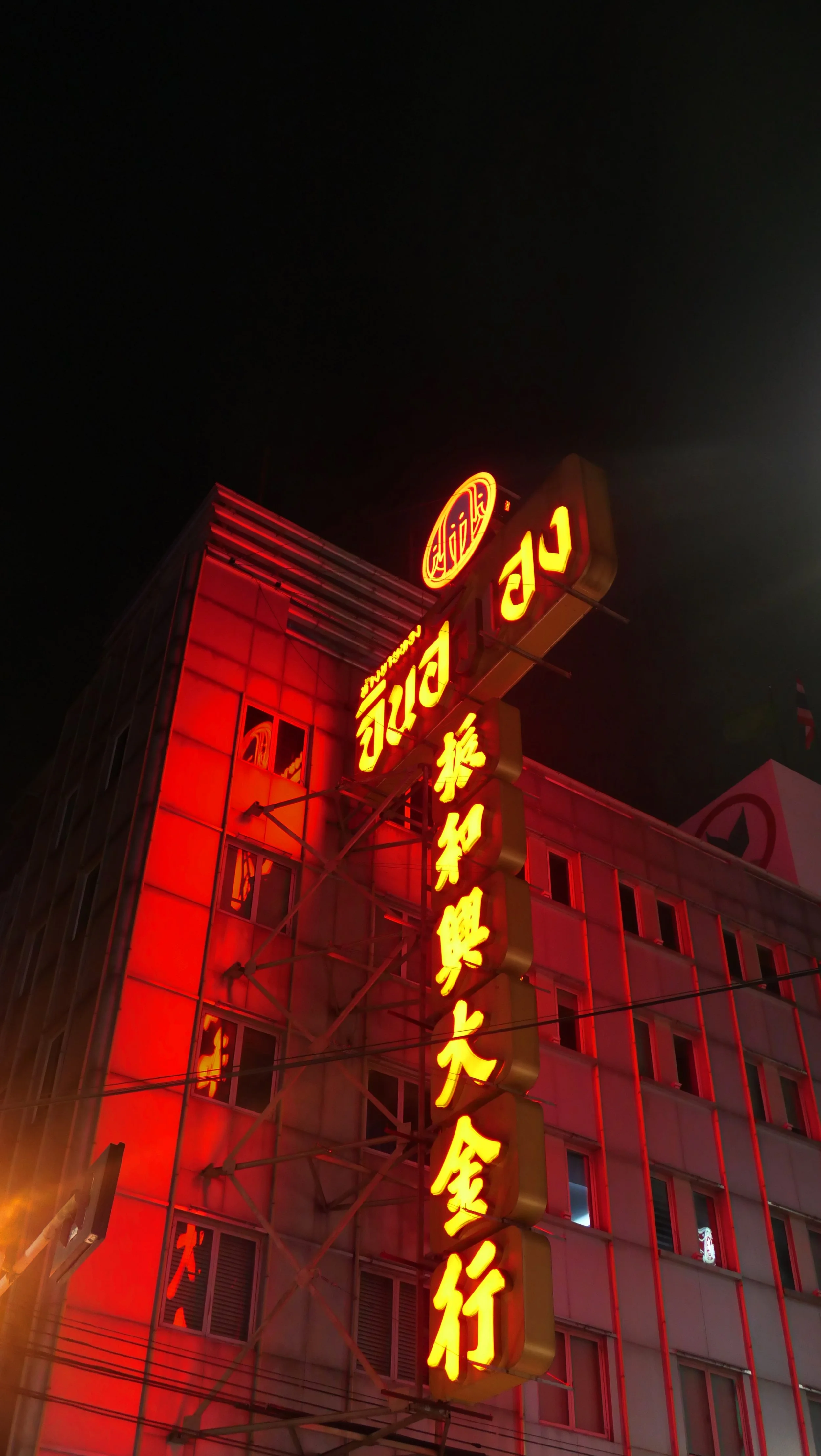 Night view of a building with bright red neon lights displaying Chinese characters on a vertical sign and a circular logo on the roof.