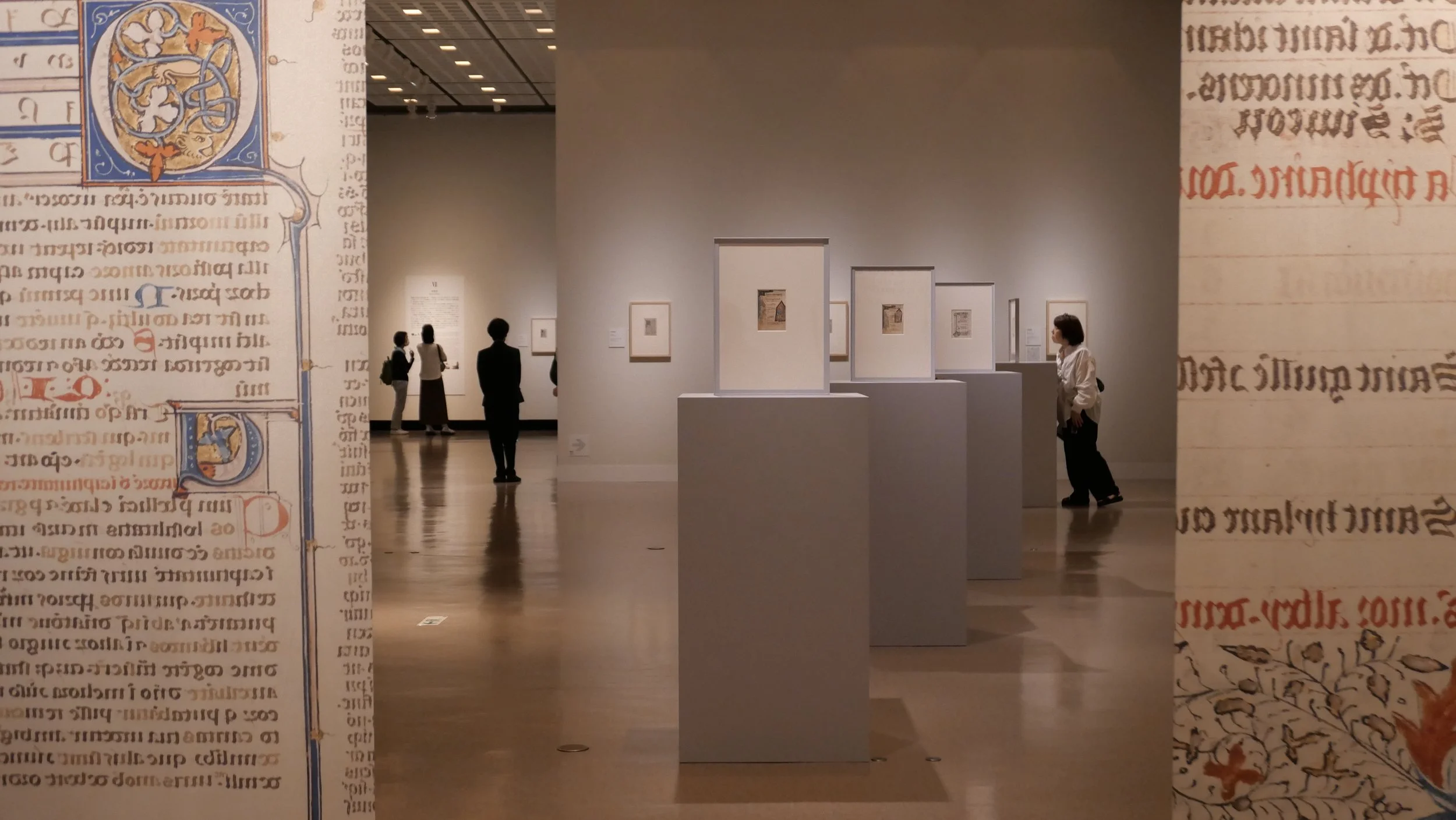 People observing artwork and exhibits at a museum or gallery, viewed through decorative, illuminated manuscript-style borders.